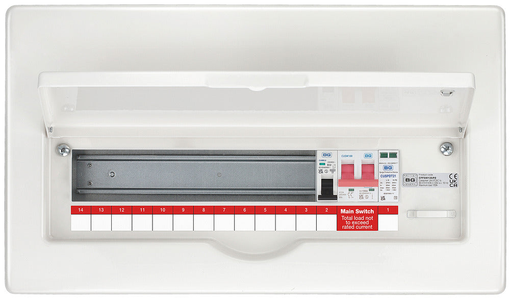 BG CFFSW12SPD 16 Module 12 Way Fully Recessed Unpopulated + 100A Switch, 1xSPD & 1x32A MCB - westbasedirect.com