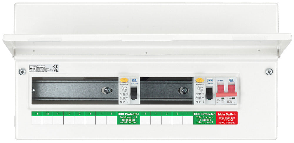 BG CFUD6613A BG 19 Module 13 Way Unpopulated + 100A Switch, 2x63A Type A 30mA RCD - westbasedirect.com