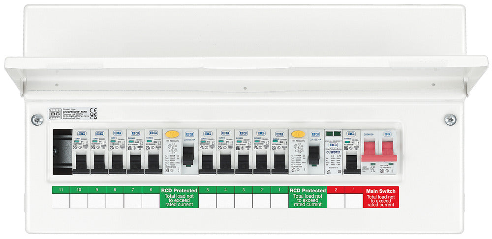 BG CFUDP1000011ASPD 19 Module 11 Way Populated + 100A Switch, 2x100A Type A 30mA RCD, SPD, 32A MCB & 10xMCBs - westbasedirect.com