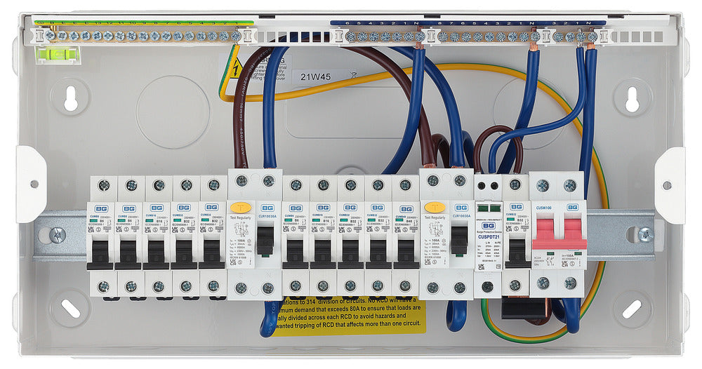 BG CFUDP1000011ASPD 19 Module 11 Way Populated + 100A Switch, 2x100A Type A 30mA RCD, SPD, 32A MCB & 10xMCBs - westbasedirect.com