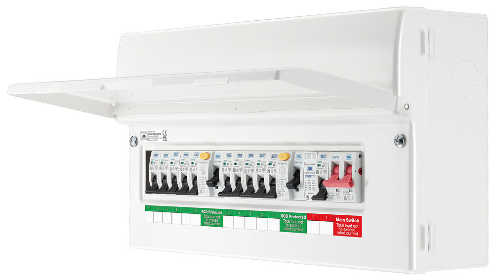 BG CFUDP1000011ASPD 19 Module 11 Way Populated + 100A Switch, 2x100A Type A 30mA RCD, SPD, 32A MCB & 10xMCBs - westbasedirect.com