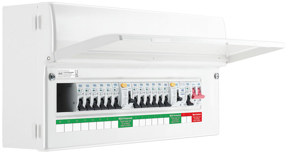 BG CFUDP1000014ASPD 22 Module 14 Way Populated + 100A Switch, 2x100A Type A 30mA RCD, SPD, 32A MCB & 12xMCBs - westbasedirect.com