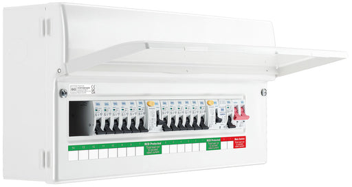 BG CFUDP1000014ASPD 22 Module 14 Way Populated + 100A Switch, 2x100A Type A 30mA RCD, SPD, 32A MCB & 12xMCBs - westbasedirect.com