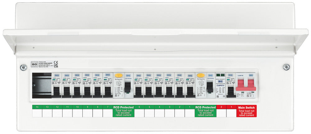 BG CFUDP1000014ASPD 22 Module 14 Way Populated + 100A Switch, 2x100A Type A 30mA RCD, SPD, 32A MCB & 12xMCBs - westbasedirect.com