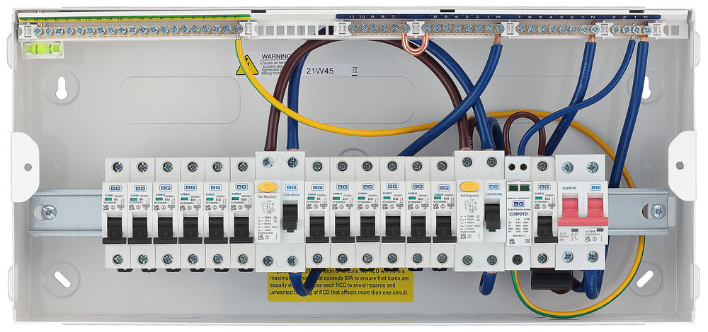 BG CFUDP1000014ASPD 22 Module 14 Way Populated + 100A Switch, 2x100A Type A 30mA RCD, SPD, 32A MCB & 12xMCBs - westbasedirect.com