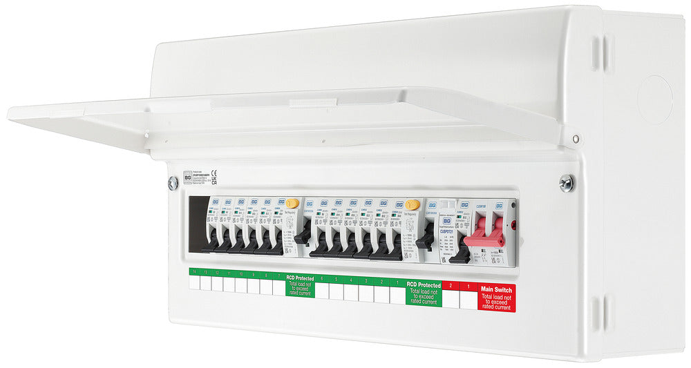 BG CFUDP1000014ASPD 22 Module 14 Way Populated + 100A Switch, 2x100A Type A 30mA RCD, SPD, 32A MCB & 12xMCBs - westbasedirect.com