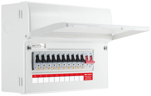 BG CFUSWP110A 12 Module 10 Way Metal Populated Consumer Unit + 100A Main Switch, 10x Type A RCBOs - westbasedirect.com