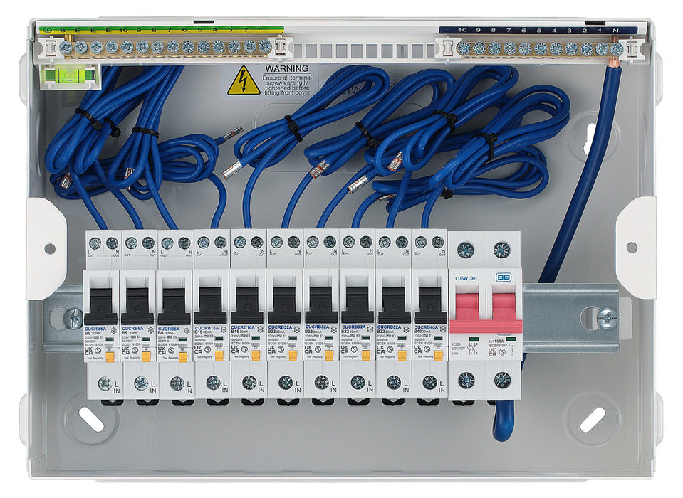 BG CFUSWP110A 12 Module 10 Way Metal Populated Consumer Unit + 100A Main Switch, 10x Type A RCBOs - westbasedirect.com