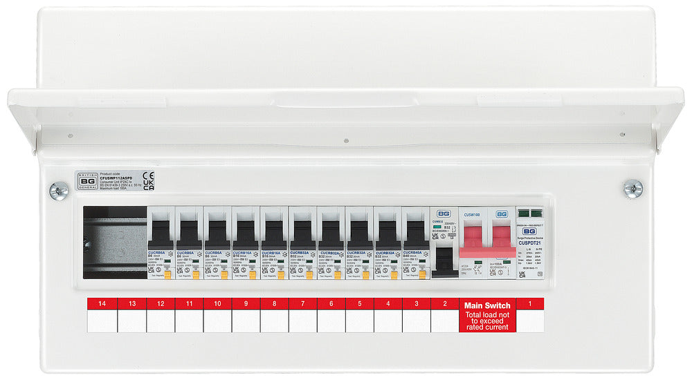 BG CFUSWP112ASPD 16 Module 12 Way Metal Populated Consumer Unit + 100A Main Switch, 10x Type A RCBOs, 1x SPD & 1x 32A MCB - westbasedirect.com