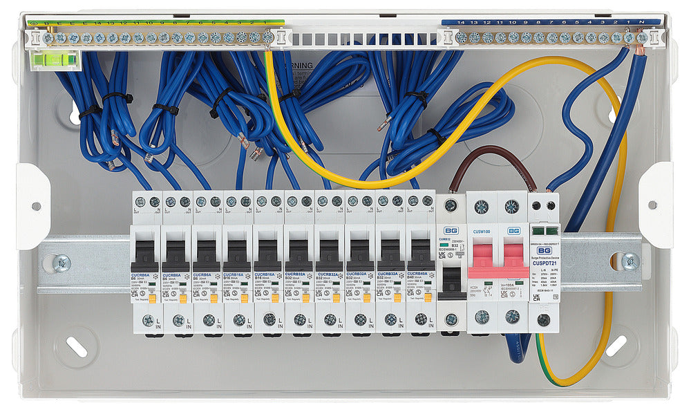 BG CFUSWP112ASPD 16 Module 12 Way Metal Populated Consumer Unit + 100A Main Switch, 10x Type A RCBOs, 1x SPD & 1x 32A MCB - westbasedirect.com