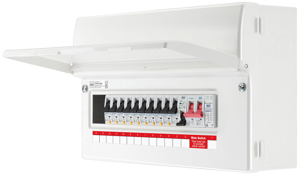 BG CFUSWP112ASPD 16 Module 12 Way Metal Populated Consumer Unit + 100A Main Switch, 10x Type A RCBOs, 1x SPD & 1x 32A MCB - westbasedirect.com