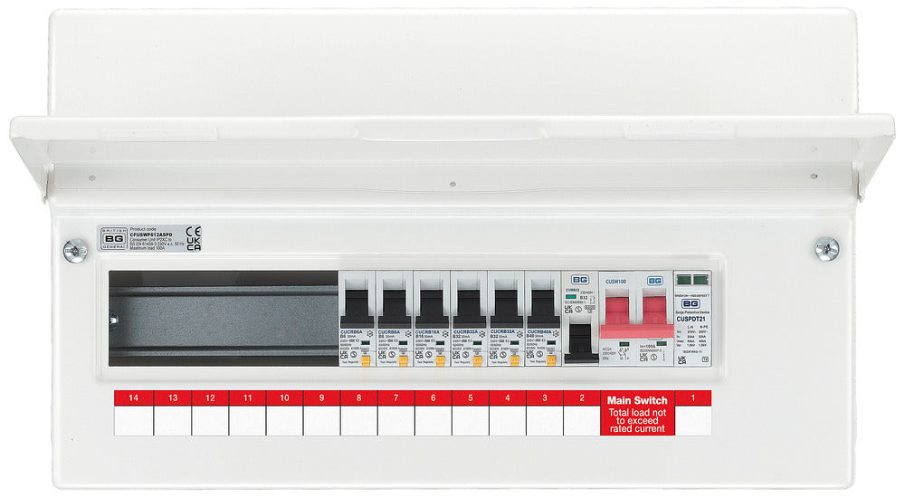 BG CFUSWP612ASPD 12 Way Consumer Unit + 100A Main Switch, 6 Type A RCBOS, SPD & 32A MCB - westbasedirect.com