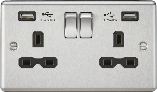 Knightsbridge CL9224BC Rounded Edge 13A 2G Switch Socket +2xUSB 2.4A - Brushed Chrome + Black Insert - westbasedirect.com