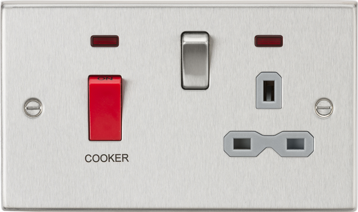 Knightsbridge CS83BCG Square Edge 45A DP Cooker Switch + 13A Switch Socket + Neons - Brushed Chrome + Grey Insert - westbasedirect.com