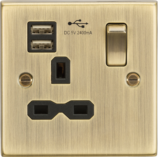 Knightsbridge CS9124AB Square Edge 13A 1G Switch Socket +2xUSB 2.4A - Antique Brass + Black Insert - westbasedirect.com