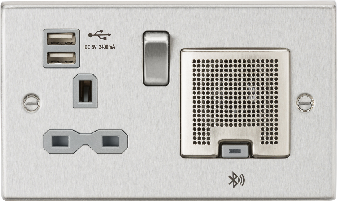 Knightsbridge CS9905BCG Square Edge 13A Socket + USB 2.4A + BT Speaker - Brushed Chrome + Grey Insert - westbasedirect.com
