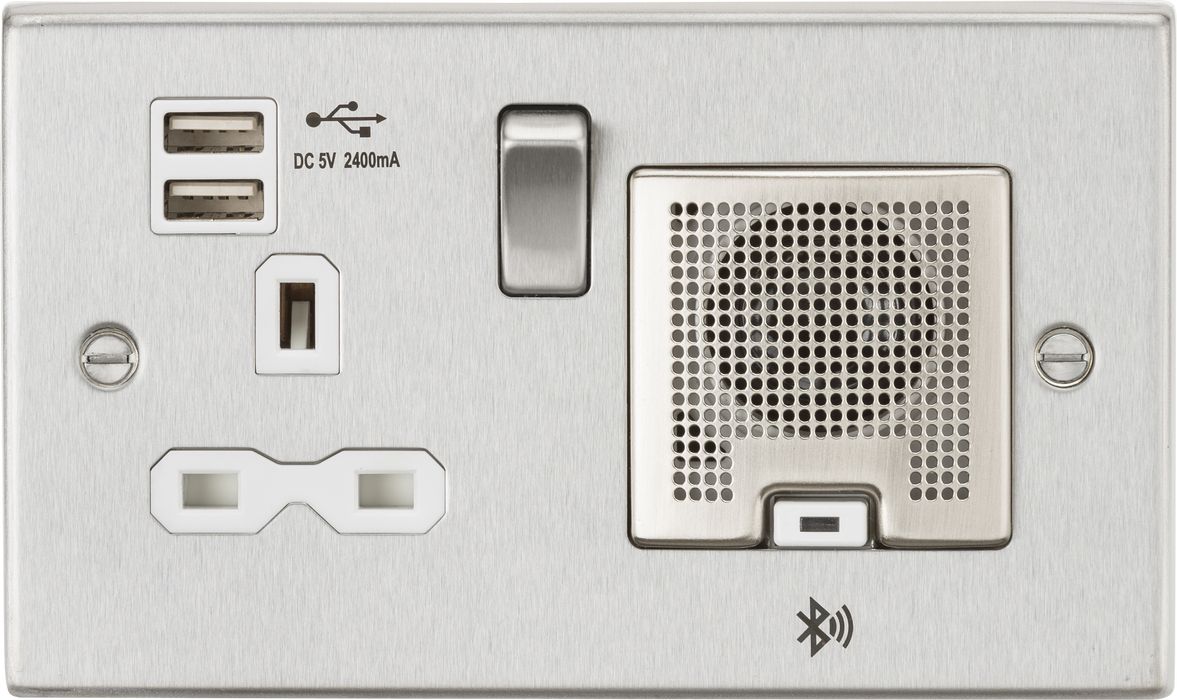 Knightsbridge CS9905BCW Square Edge 13A Socket + USB 2.4A + BT Speaker - Brushed Chrome + White Insert - westbasedirect.com