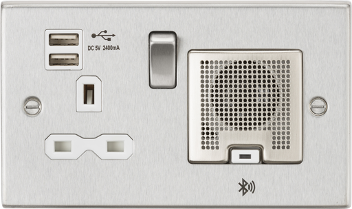 Knightsbridge CS9905BCW Square Edge 13A Socket + USB 2.4A + BT Speaker - Brushed Chrome + White Insert - westbasedirect.com