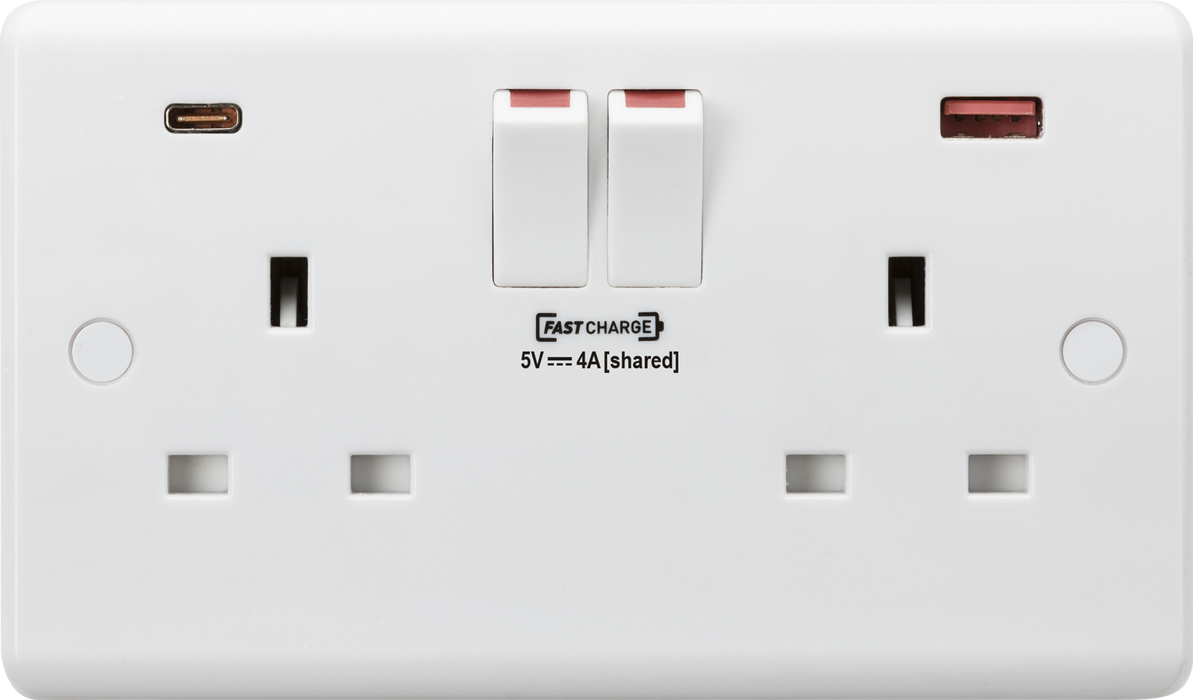 Knightsbridge CU9909 White Curved 13A 2G DP Switched Socket + 2xUSB FAST (A+C) - westbasedirect.com