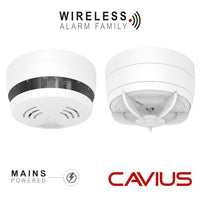 Cavius Mains Powered CV2208 1x Optical Smoke & CV3202 1x Heat Alarm RF 10yr Lithium Battery Backup