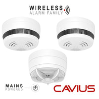 Cavius Mains Powered CV2208 2x Optical Smoke & CV3202 1x Heat Alarm RF 10yr Lithium Battery Backup