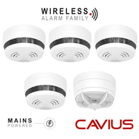 Cavius Mains Powered CV2208 4x Optical Smoke & CV3202 1x Heat Alarm RF 10yr Lithium Battery Backup