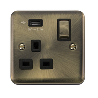 Click Deco Plus DPAB571UBK 13A Ingot 1G Switched Socket + 1x2.1A USB - Antique Brass (Black)