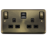 Click Deco Plus DPAB586BK 13A Ingot 2G Switched Socket + Type A&C USB - Antique Brass (Black)