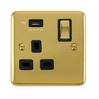 Click Deco Plus DPBR571UBK 13A Ingot 1G Switched Socket + 1x2.1A USB - Polished Brass (Black)
