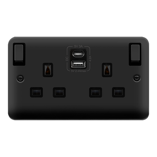 Click Deco Plus DPMB586BK 13A Ingot 2G Switched Socket + Type A&C USB - Matt Black (Black)