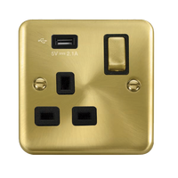 Click Deco Plus DPSB571UBK 13A Ingot 1G Switched Socket + 1x2.1A USB - Satin Brass (Black)