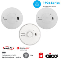Aico 2x Ei146e Optical Smoke & 1x Ei144e Heat Alarm Kit Mains Powered with 9V Alkaline Battery Backup