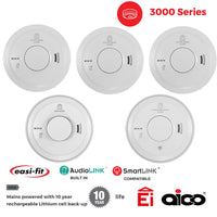 Aico 3x Ei3016 Optical Smoke, 1x Ei3014 Heat & 1x Ei3018 CO Alarm Kit Mains Powered with 10 Year Rechargeable Lithium Back-up