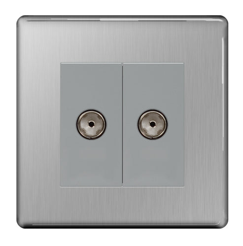 FBS63 Flatplate Screwless Isolated Double TV Aerial Socket Insert Brushed Steel
