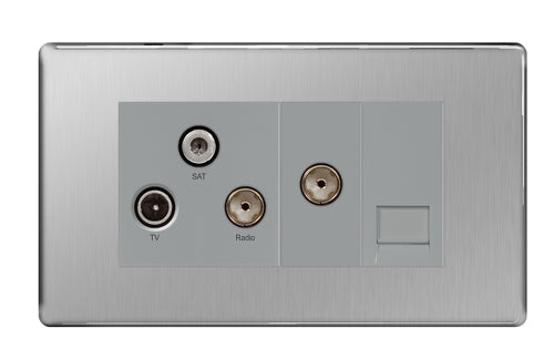 FBS68 Flatplate Screwless Triplex TV FM Sat Socket + Return & Tel. Brushed Steel