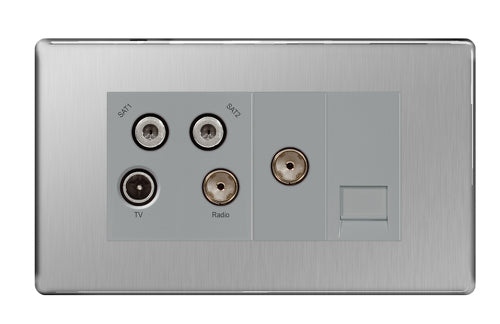 FBS69 Flatplate Screwless Quadplex TV FM SAT Brushed Steel