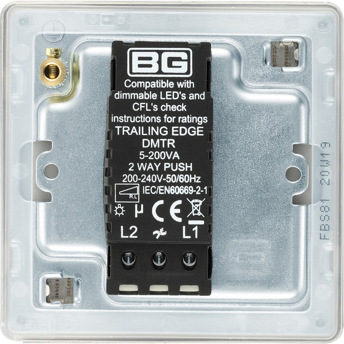 BG FBS81 Flatplate Screwless 2-Way Single Trailing Edge Dimmer Push On/Off - Brushed Steel - westbasedirect.com