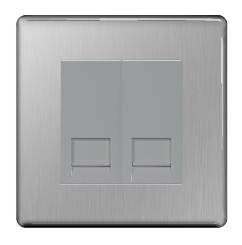 BG Flatplate Screwless Double Master Telephone Socket - Brushed Steel