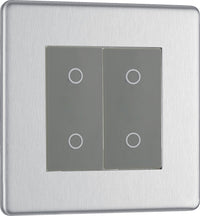 BG FBSTDM2G-K Flatplate Screwless 2-Way Master 200W Double Touch Dimmer Switch - Brushed Steel (Grey)
