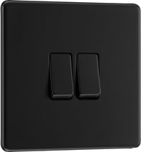 BG FFB42x5 Flatplate Screwless 20A 16AX 2 Way Double Light Switch - Matt Black (5 Pack)