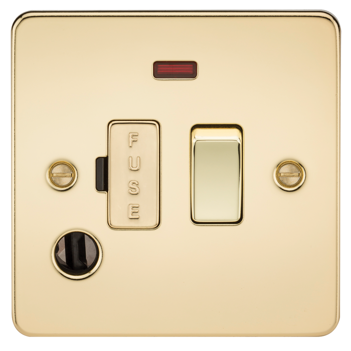 Knightsbridge FP6300FPB Flat Plate 13A Switch Fused Spur Unit + Neon + Flex Outlet - Polished Brass - westbasedirect.com