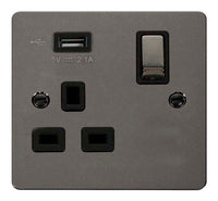 Click Define FPBN571UBK Flat Plate 13A Ingot 1G Switched Socket + 1x2.1A USB - Black Nickel (Black)