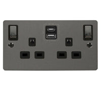 Click Define FPBN586BK Flat Plate 13A Ingot 2G Switched Socket + Type A&C USB - Black Nickel (Black)
