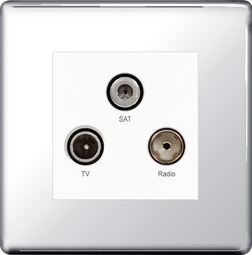 FPC67 Flatplate Screwless Triplex TV FM Sat Socket Polished Chrome