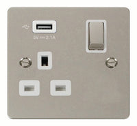 Click Define FPPN571UWH Flat Plate 13A Ingot 1G Switched Socket + 1x2.1A USB - Pearl Nickel (White)