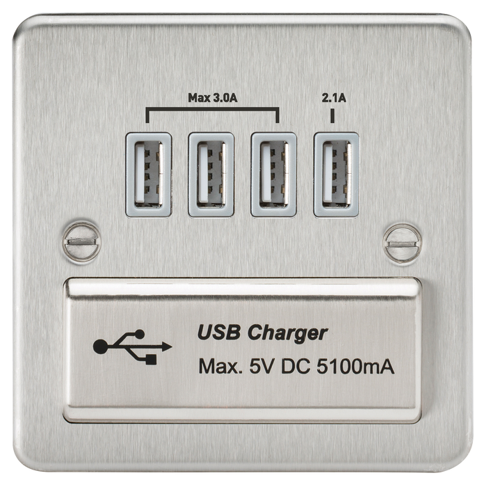 Knightsbridge FPQUADBCG Flat Plate Quad USB Charger - Brushed Chrome + Grey Insert - westbasedirect.com