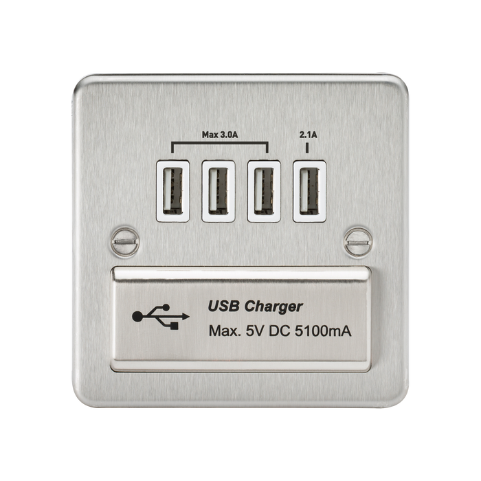 Knightsbridge FPQUADBCW Flat Plate Quad USB Charger - Brushed Chrome + White Insert - westbasedirect.com