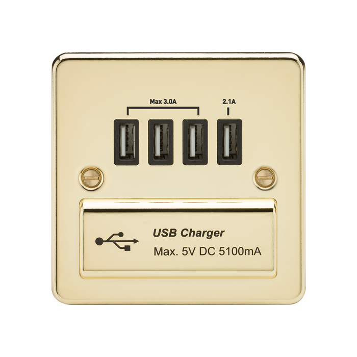 Knightsbridge FPQUADPB Flat Plate Quad USB Charger - Polished Brass + Black Insert - westbasedirect.com