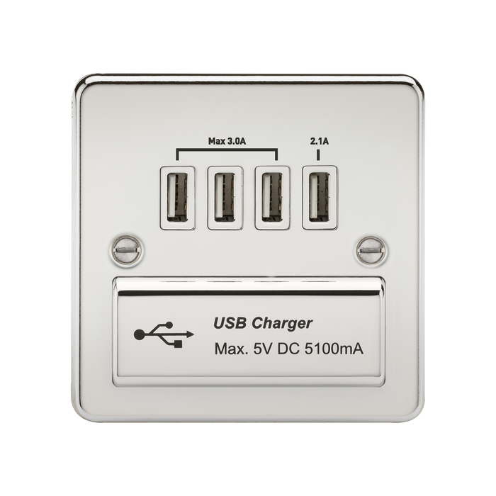 Knightsbridge FPQUADPCW Flat Plate Quad USB Charger - Polished Chrome + White Insert - westbasedirect.com