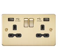 Knightsbridge FPR9224BB Flat Plate 13A 2G Switch Socket + 2xUSB 2.4A - Brushed Brass + Black Insert